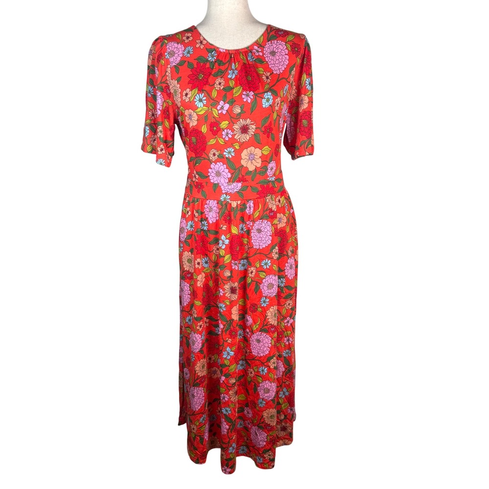 Boden Floral Maxi Dress Womens 10R Red Tencel Boho Cottagecore Short Sleeve New
